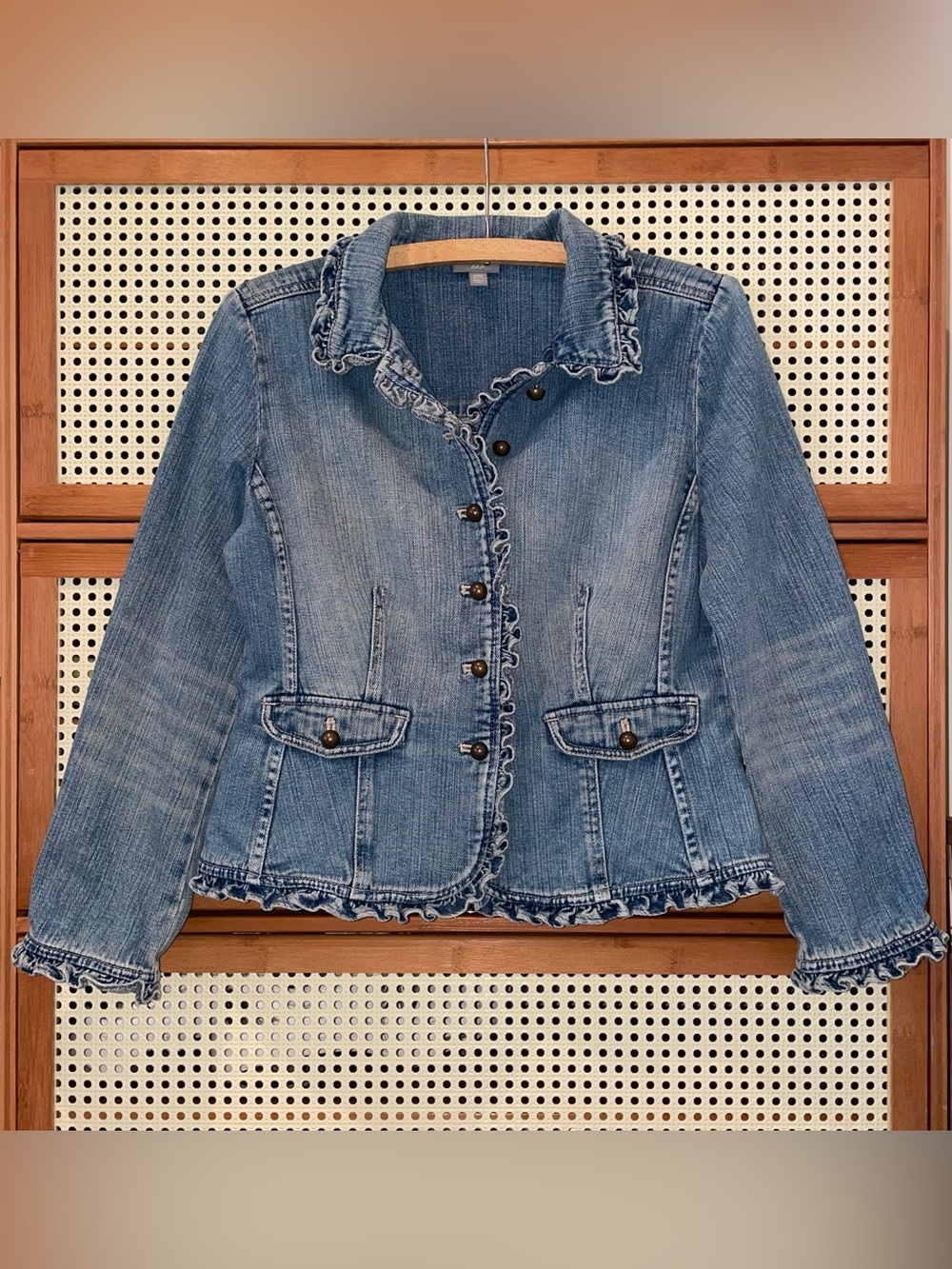J. Jill Light Blue Ruffle-Trim Denim Jacket